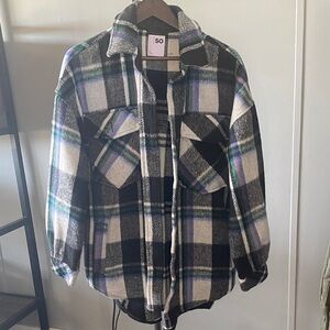 SO Juniors Plaid Jacket - Black, White, and Green